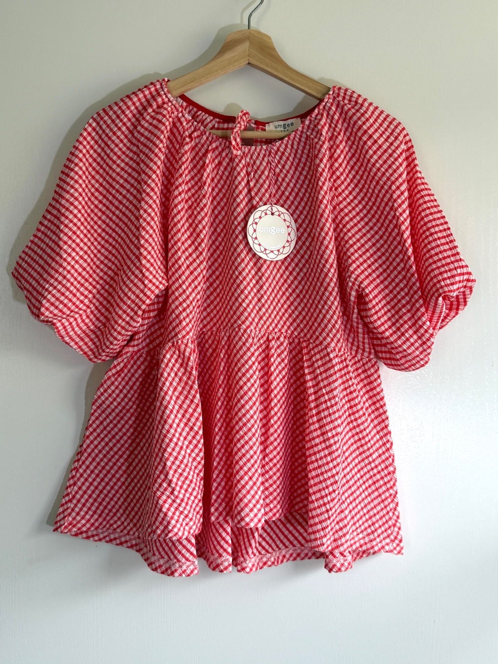 Umgee Womens Red Gingham Peasant Blouse